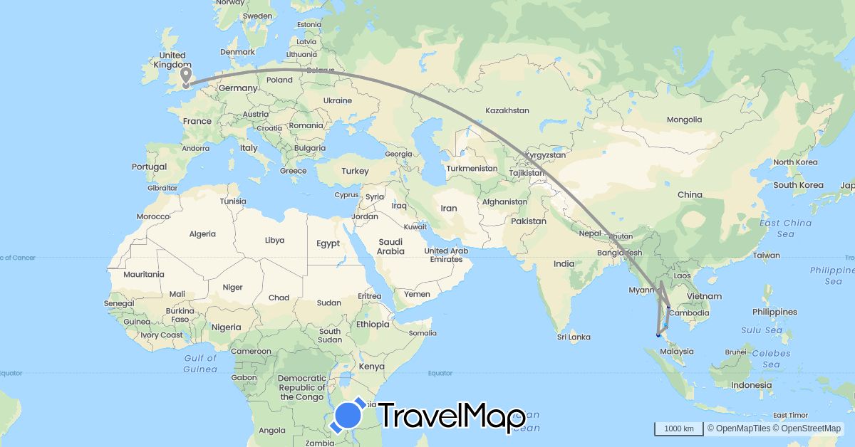 TravelMap itinerary: driving, plane, boat in United Kingdom, Thailand (Asia, Europe)